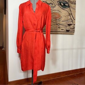 DVF tomato red silk texture shirt dress with self tie great condition!